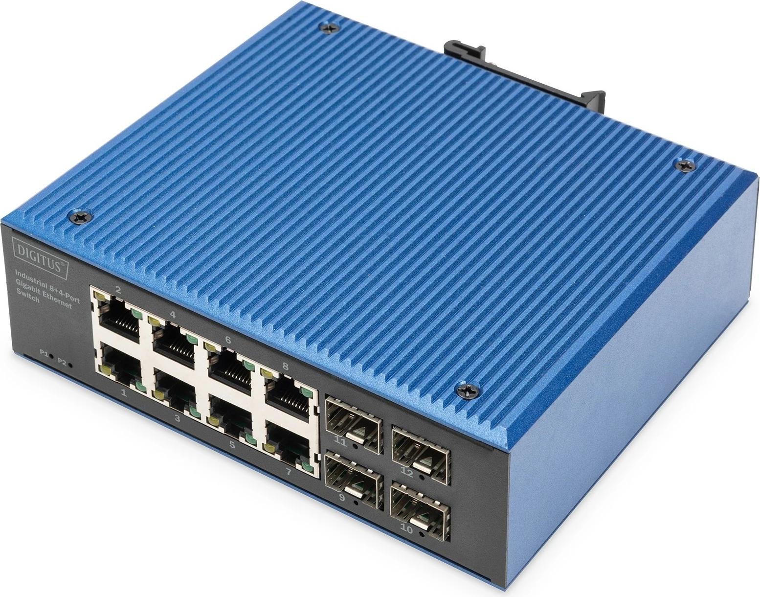 Switch industrial Digitus DN-651152, 8 porte Gigabit, 4 porte SFP, kasë metalike, IP40, blu