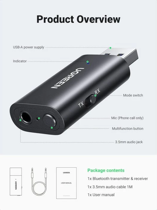 Adapter Bluetooth 5.1 transmiter/marrës 2-në-1 UGREEN 60300, AUX 3.5mm + USB-A, i zi, me kabllo AUX