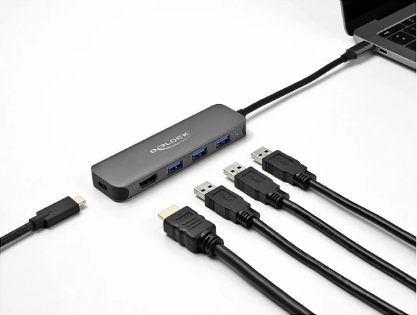 USB-C Hub DeLOCK 3x USB-A + HDMI 4K 30Hz + USB-C PD 85W, gri