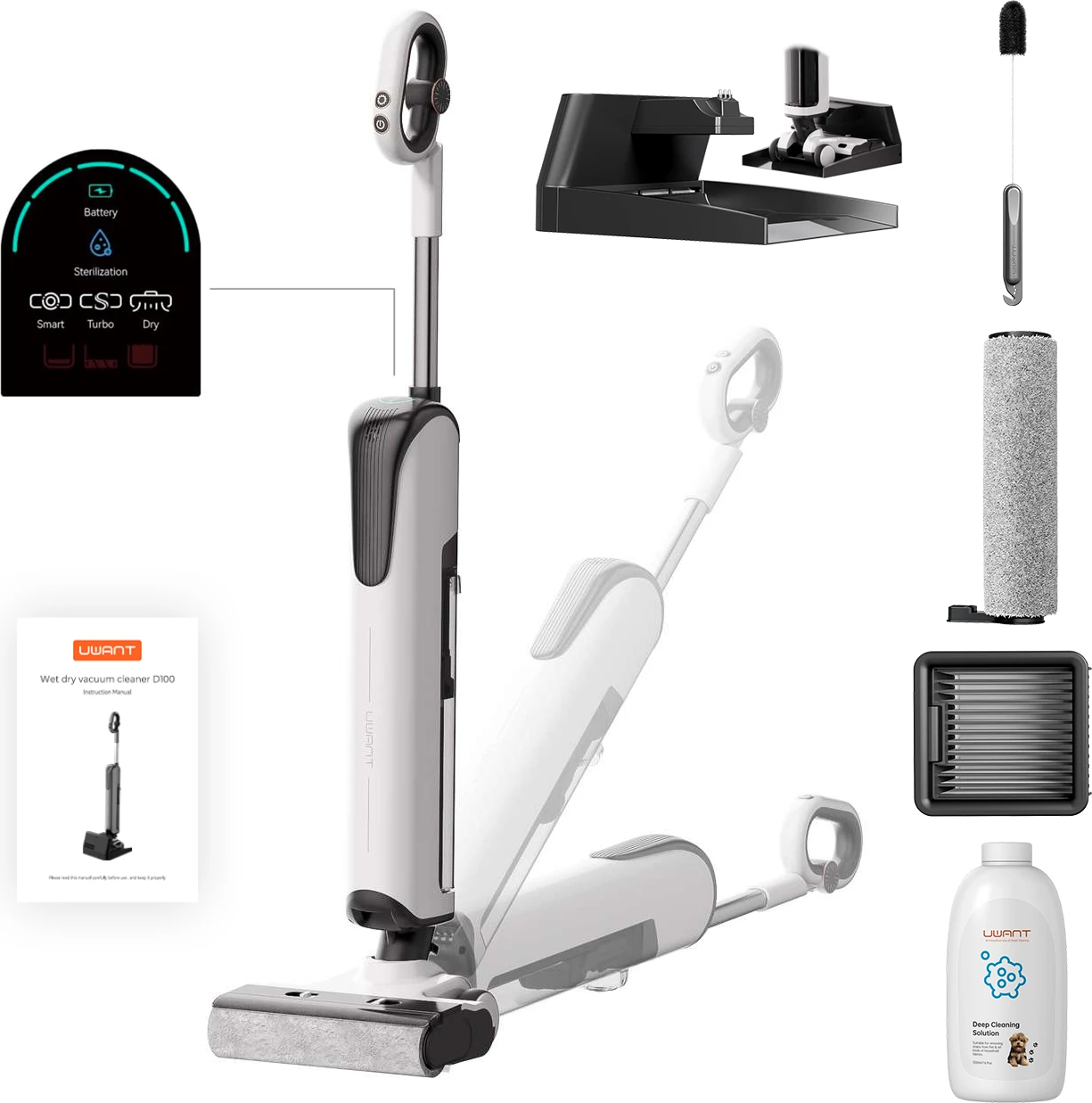 Fshesë elektrike vertikale UWANT D100 me larje, 17000Pa, 18000mAh, e bardhë me stacion karikimi/pastrimi