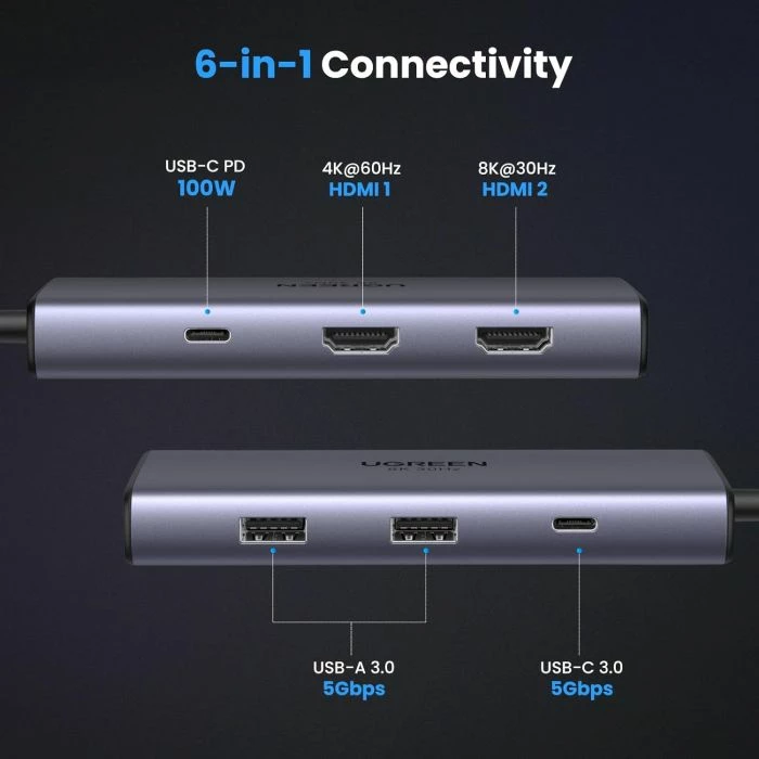 Hub USB-C UGREEN 15852 6-në-1, Dual HDMI 4K@60Hz, PD 100W, gri