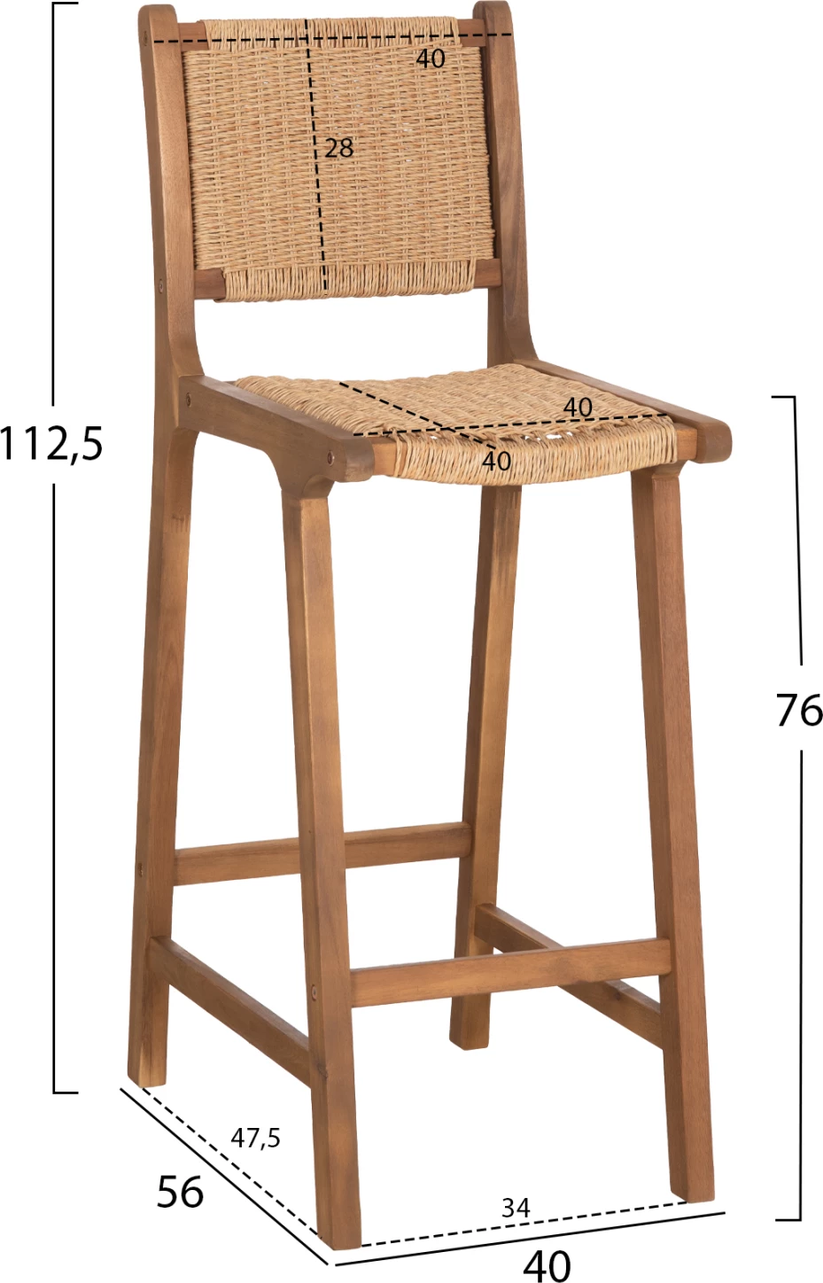 Karrige për bar me mbështetëse RUEN FH6515, dru akacie natyral, ratan twist, 40x56x112 cm