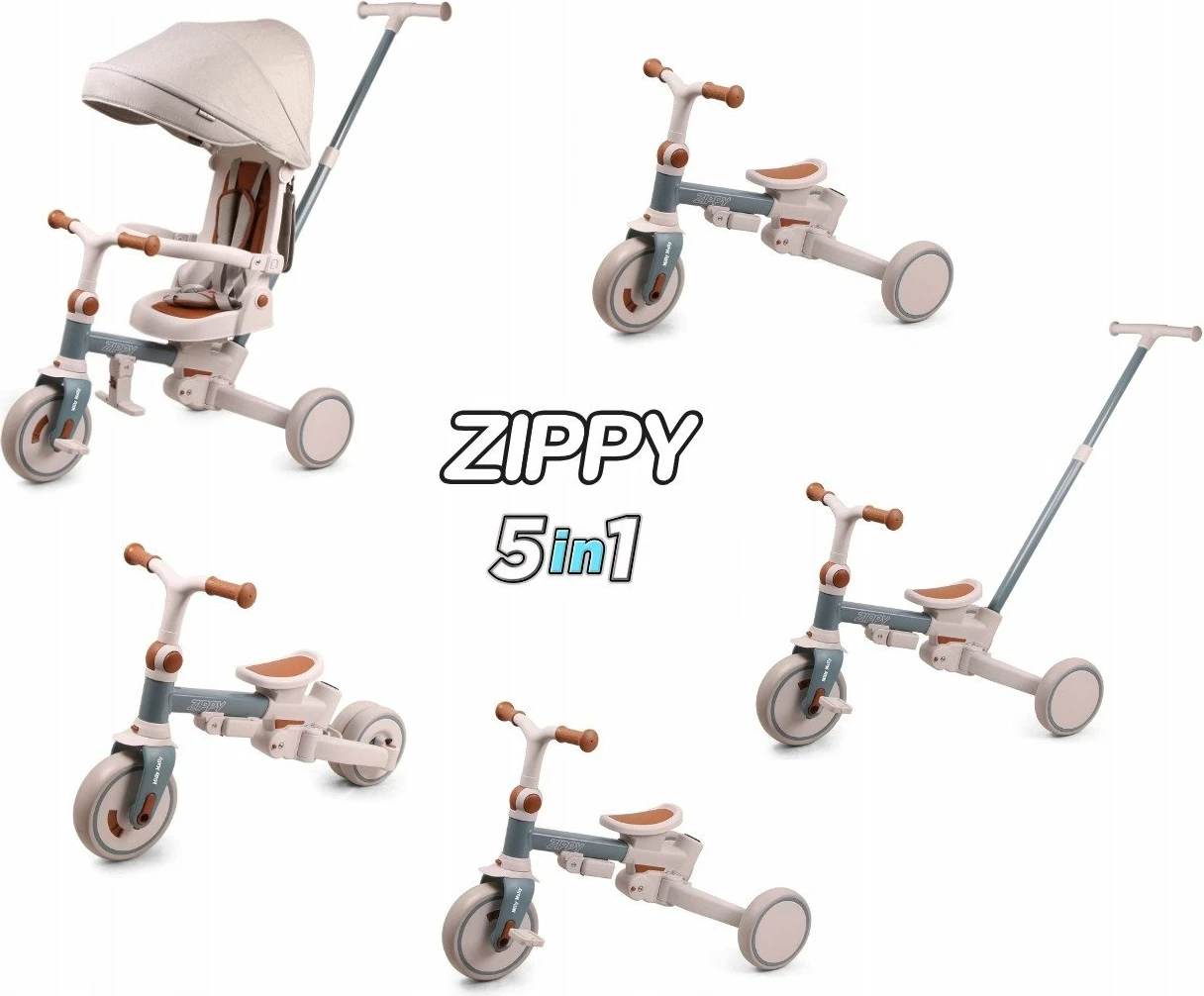 Tricikël fëmijësh Milly Mally Zippy, 12+ muaj, 25 kg max, ulëse rrotulluese 180°, rrota shkumë, kornizë çeliku, me tendë dhe shtytës prindi, Blu