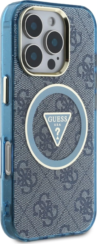 Mbështjellës Guess IML Metal Glitter 4G Circle Triangle MagSafe për iPhone 16 Pro Max, Blu