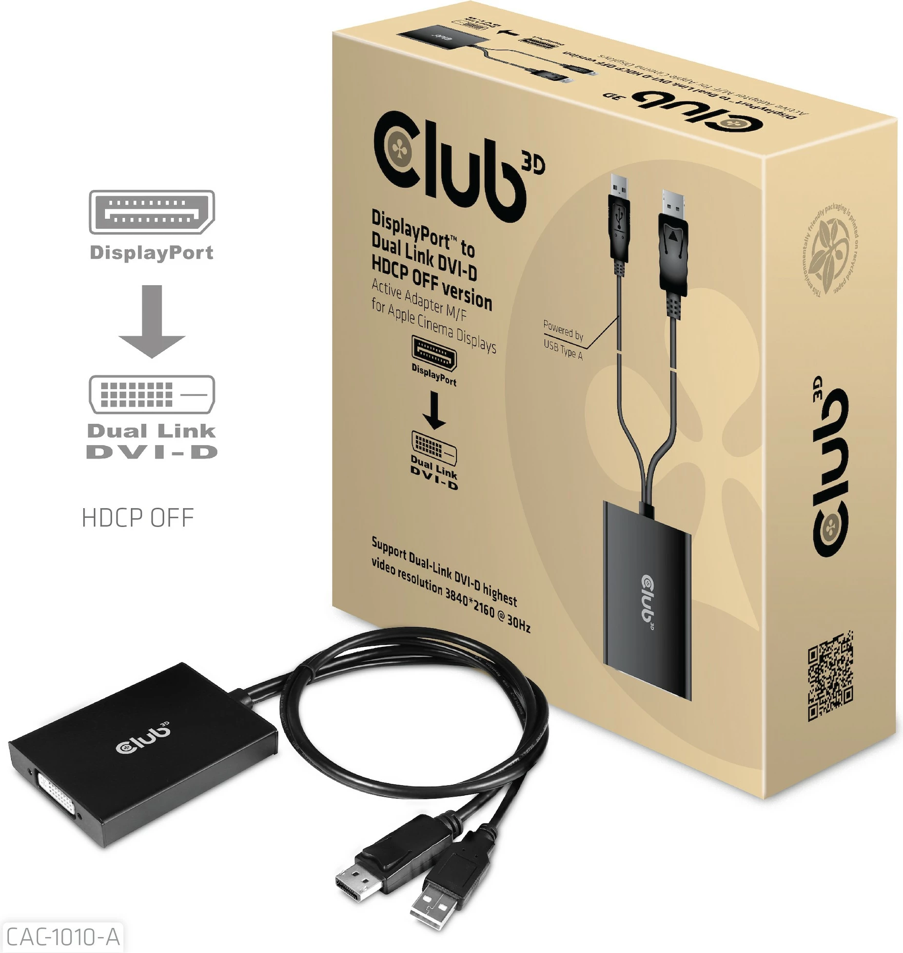 Adapter Club3D DisplayPort në DVI-D Dual Link + USB, 0.6m, HDCP OFF