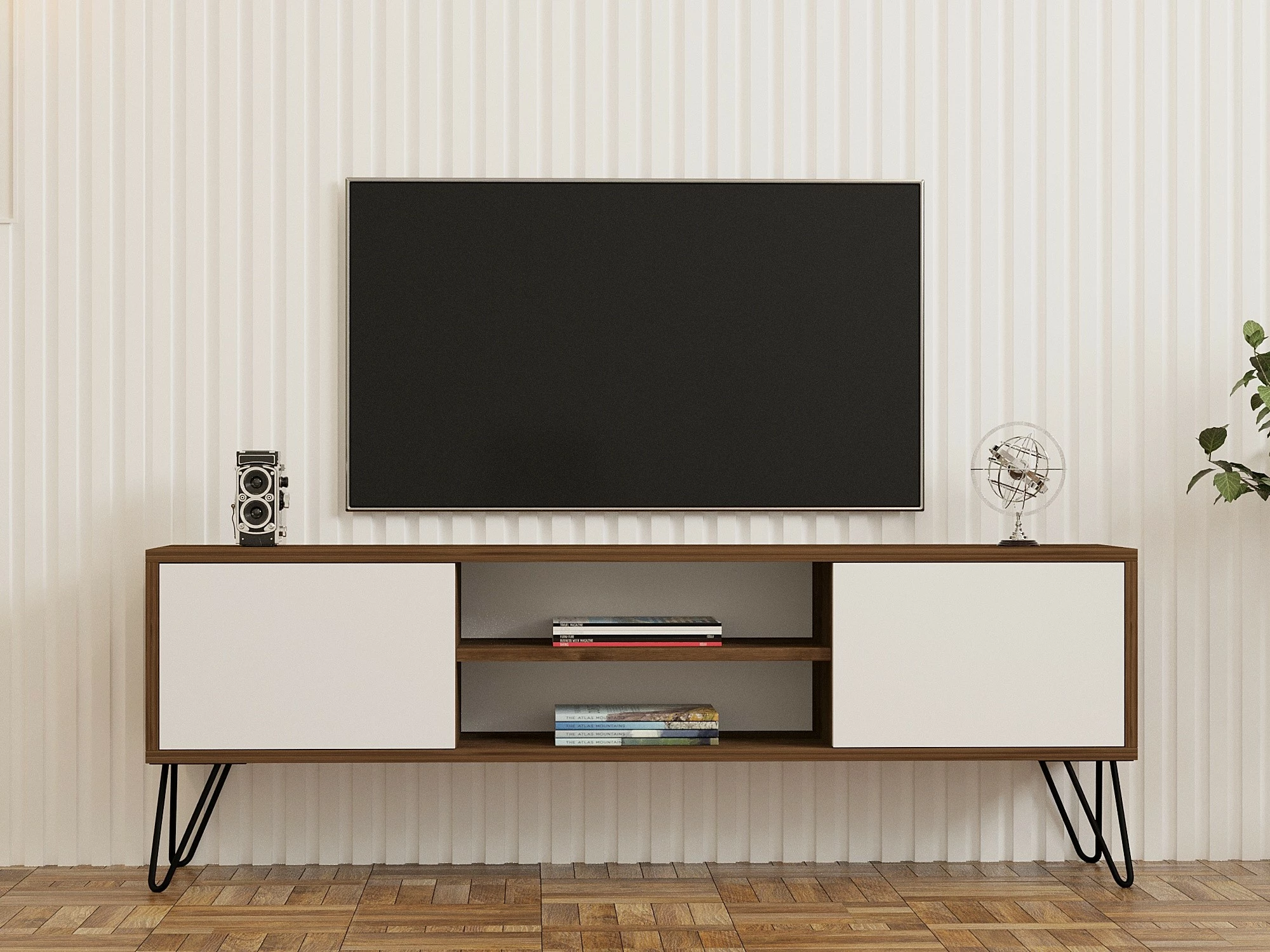 Komodë TV Hanah Home, Eva, ngjyrë arre dhe e bardhë, 140x50x30cm