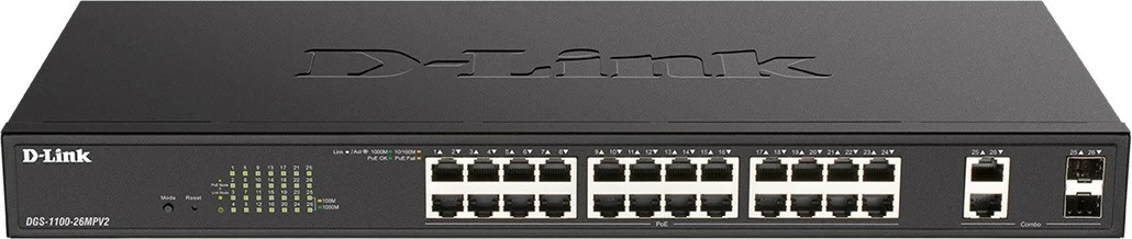 Switch D-Link DGS-1100-26MPV2 24x GbE PoE+, buxhet 370W, desktop/rack, zezë