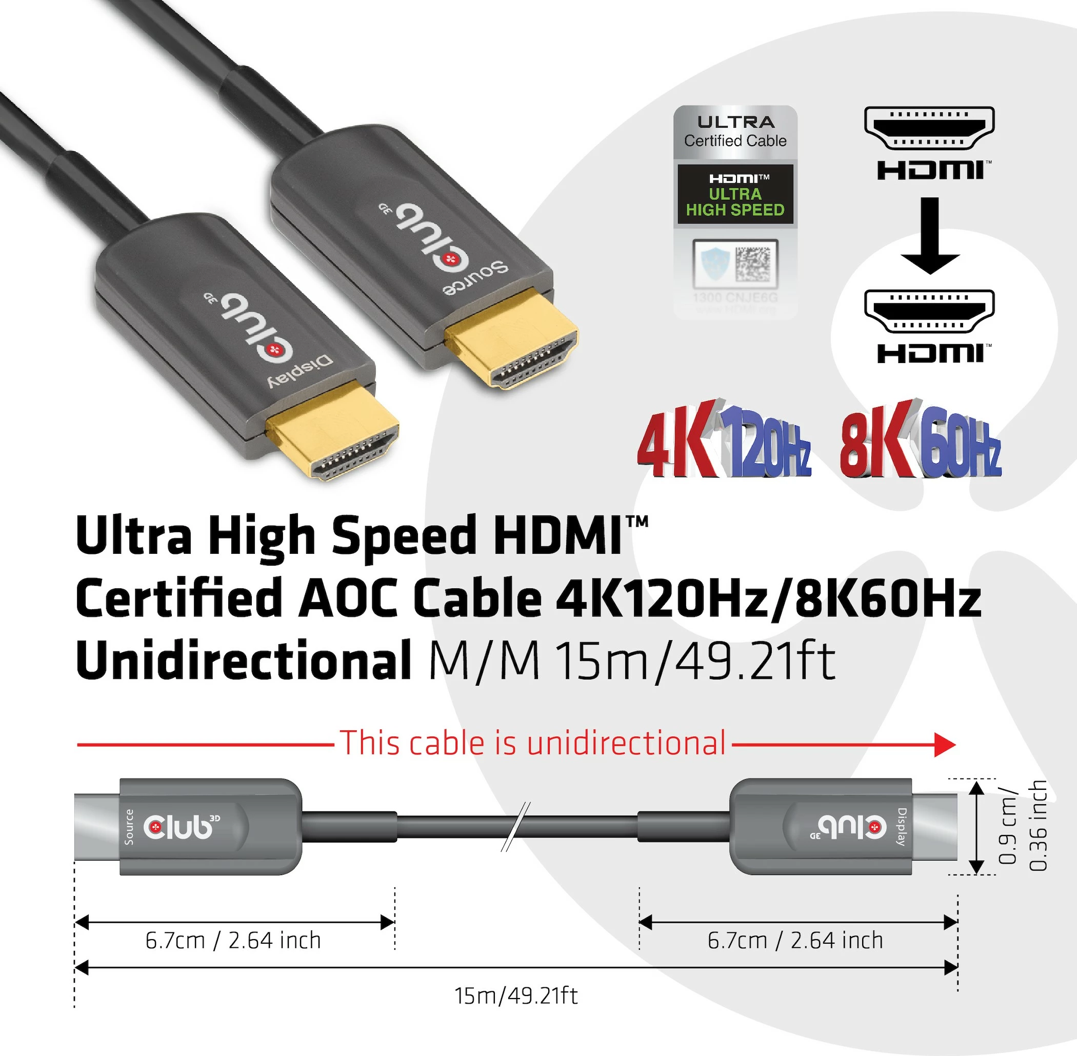 Kabllo HDMI Club3D 2.1, 15m, e zezë