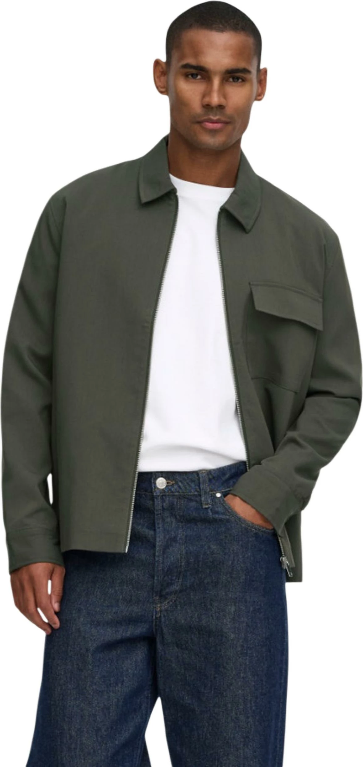 Jakne për meshkuj Only & Sons Onswill Reg 0292 Zip Overshirt Frml Noos 22038673, jeshile ulliri