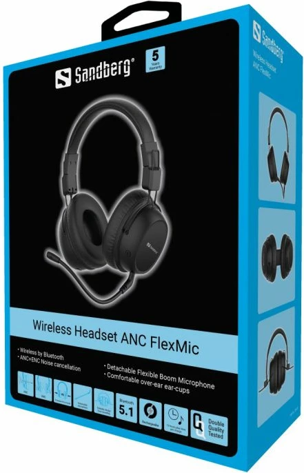 Kufje wireless SANDBERG ANC FlexMic 126-36, Bluetooth 5.3, over-ear, USB-C, të zeza, set 1 copë