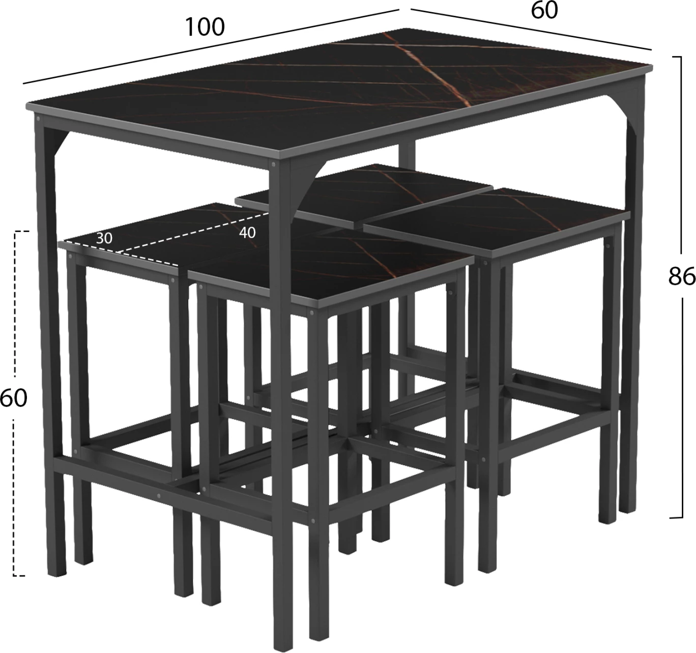 Set për darkë për bare 5 copë BOXY FH9882.13, korniza metalike të zeza, melaminë mermeri të zezë