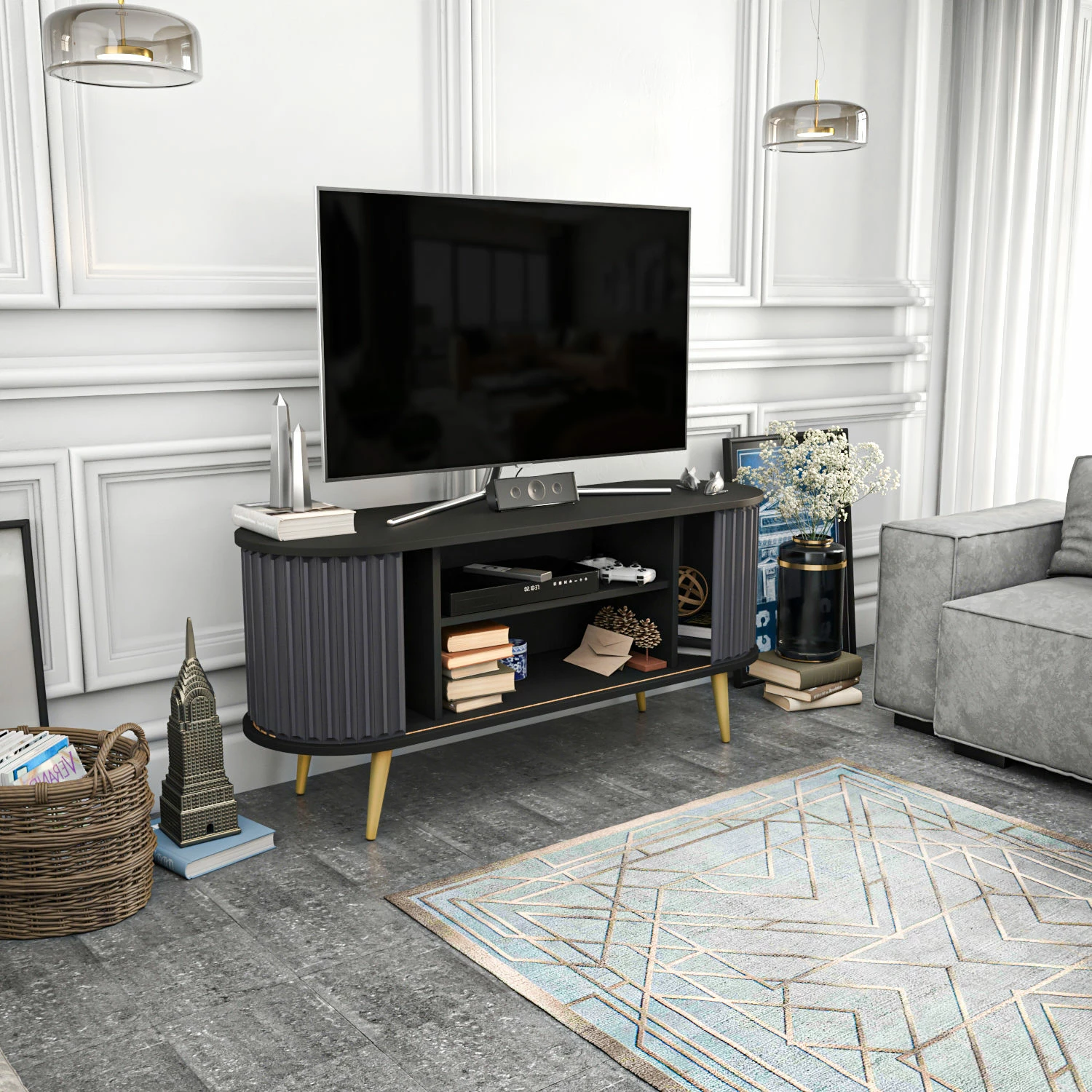 Komodë TV Skye Decor, e madhe, ngjyrë e zezë dhe antracit