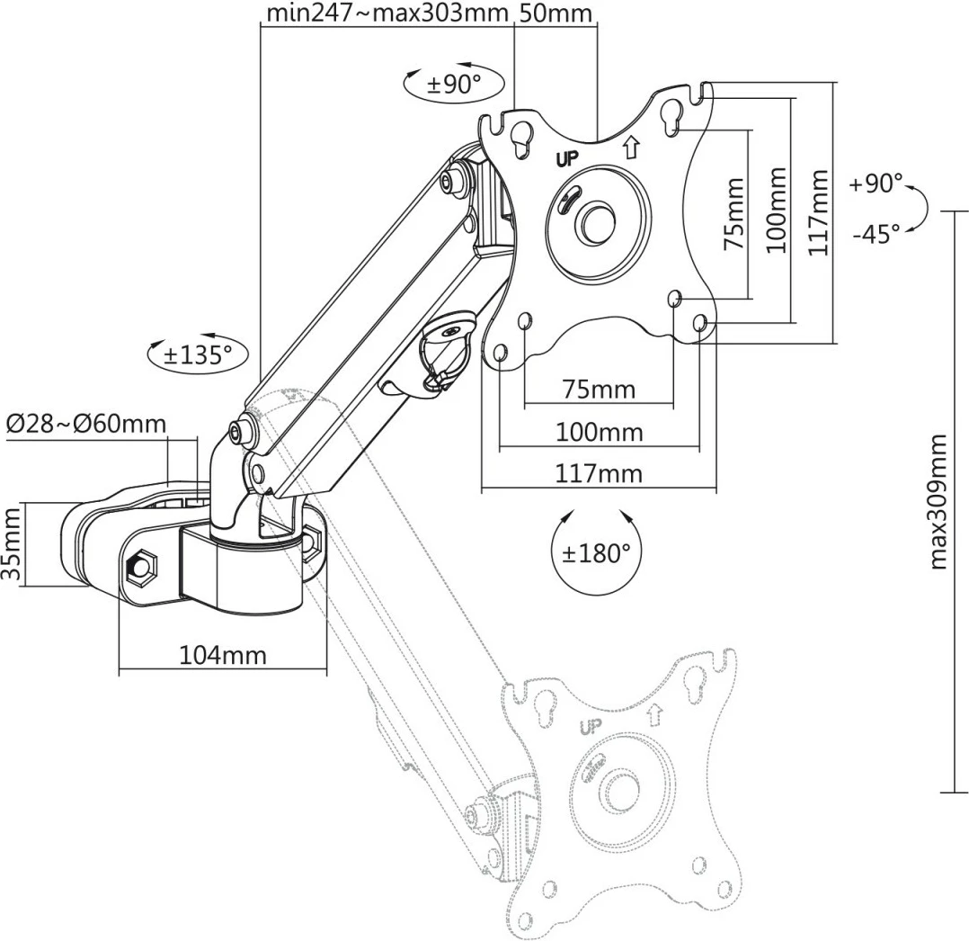 Mbajtës monitori Maclean MC-459 për tub/shtyllë, 17-27 inç, me gaz, i zi