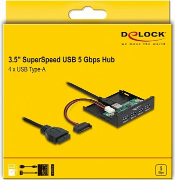 Hub USB i brendshëm DeLOCK 3.5", 4x USB 3.2 Gen 1 Type-A, 5 Gbit/s, i zi