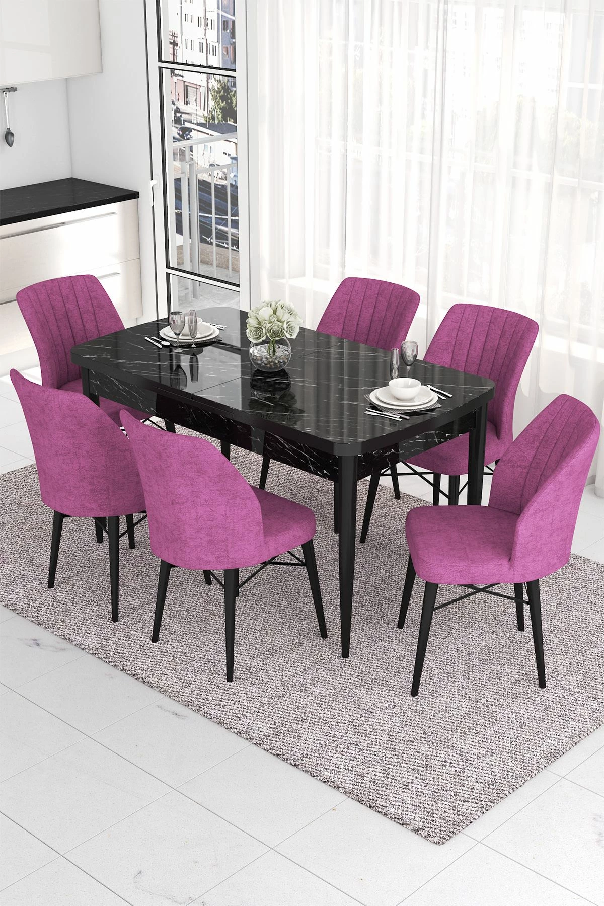 Tavolinë me karrige, e zgjatshme, 7 copë, Skye Decor, sipërfaqe mermeri të zi, karrige ngjyrë vjollcë