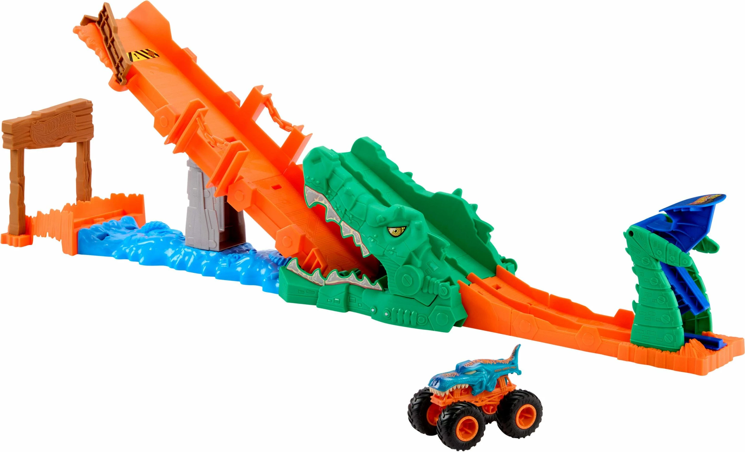 Set pistë makinash Hot Wheels Monster Trucks Rally Challenge JJN45, 1:64, me launcher, 1 makinë Mega-Wrex