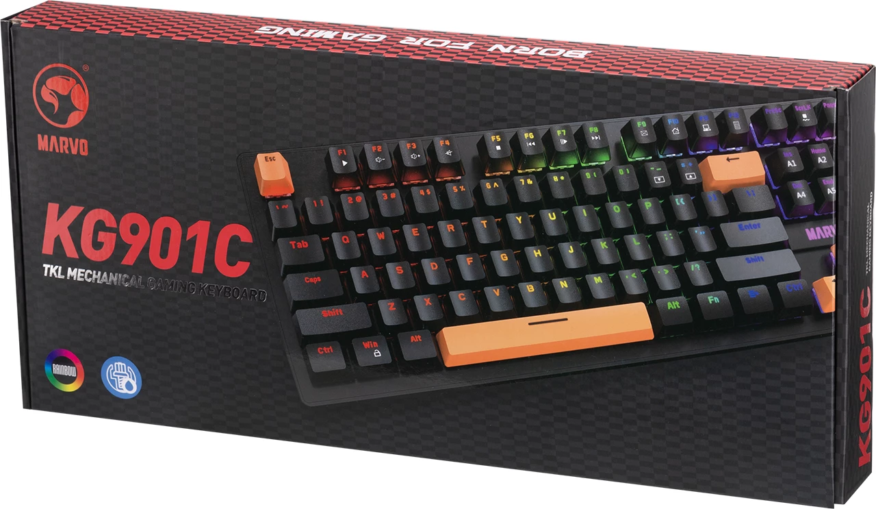 Tastierë mekanike gaming Marvo KG901C EN KRONE 87, 87 taste, Blue Switch, ndriçim RGB, e zezë me taste portokalli