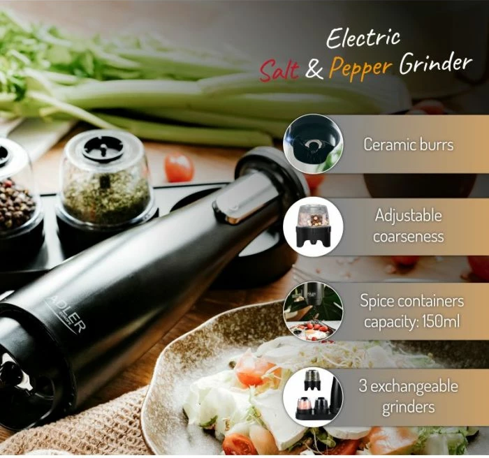 mulli elektrik kripë/piper Adler AD4449b, 3 grirës të ndërrueshëm, 150 ml, USB-C, mat i zi, set