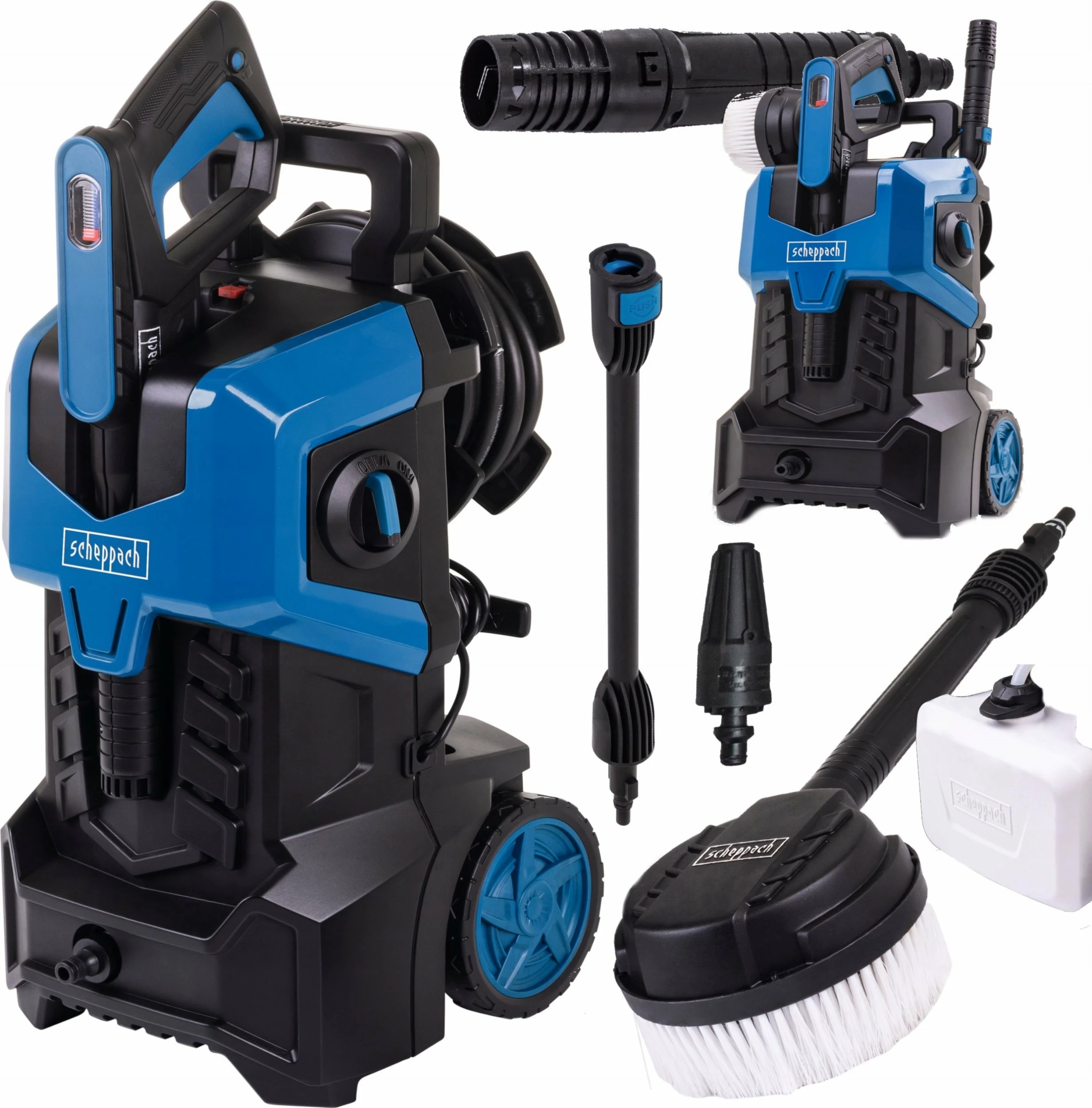 Myjkë me presion Scheppach HCE3000 2400W 180 bar zorrë 8 m 480 l/h, blu/zezë, set me aksesorë