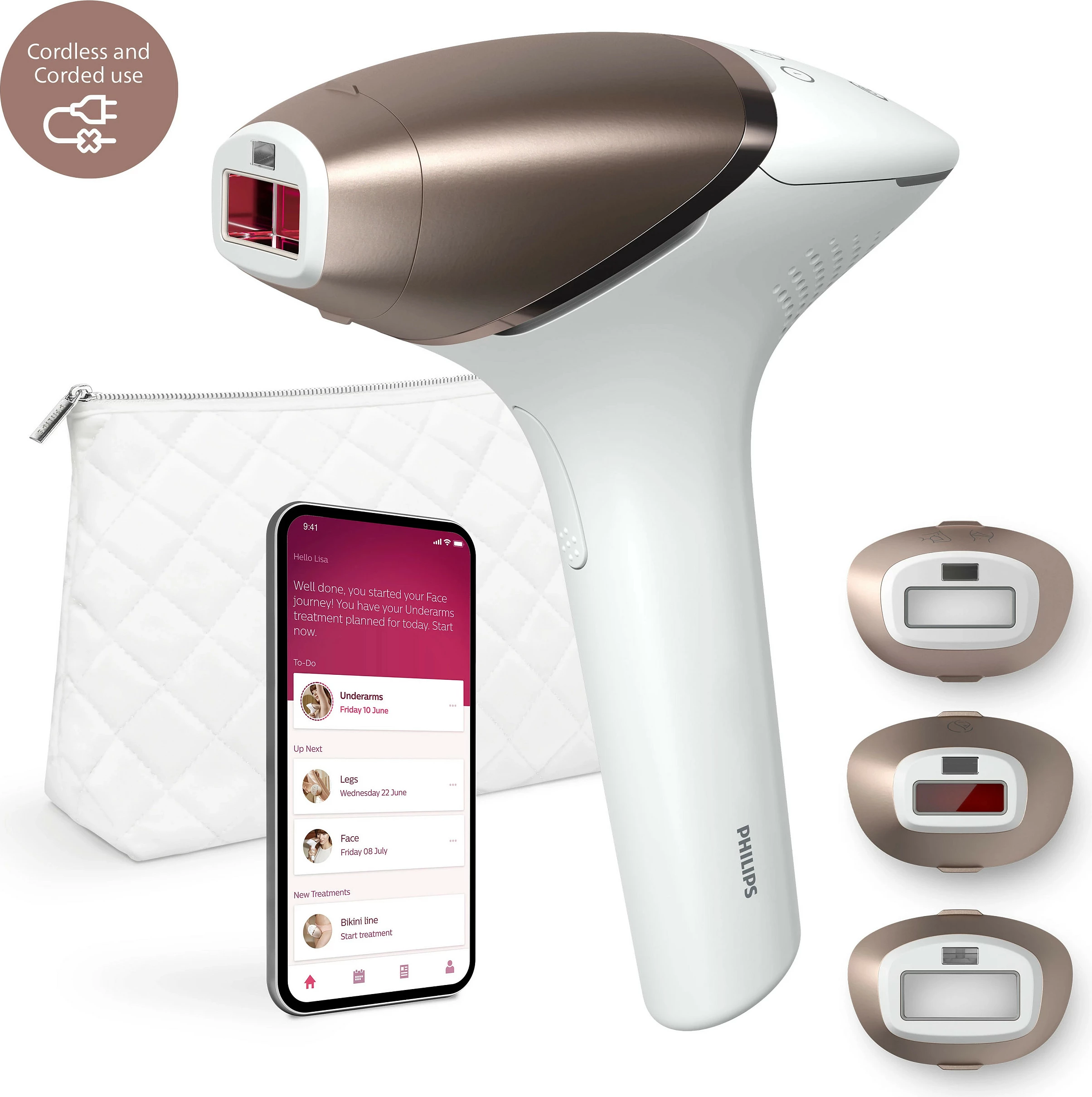 Aparat IPL Philips Lumea Prestige 9000 Series BRI955/00, pa kabllo dhe me kabllo, bardhë/rozë e artë