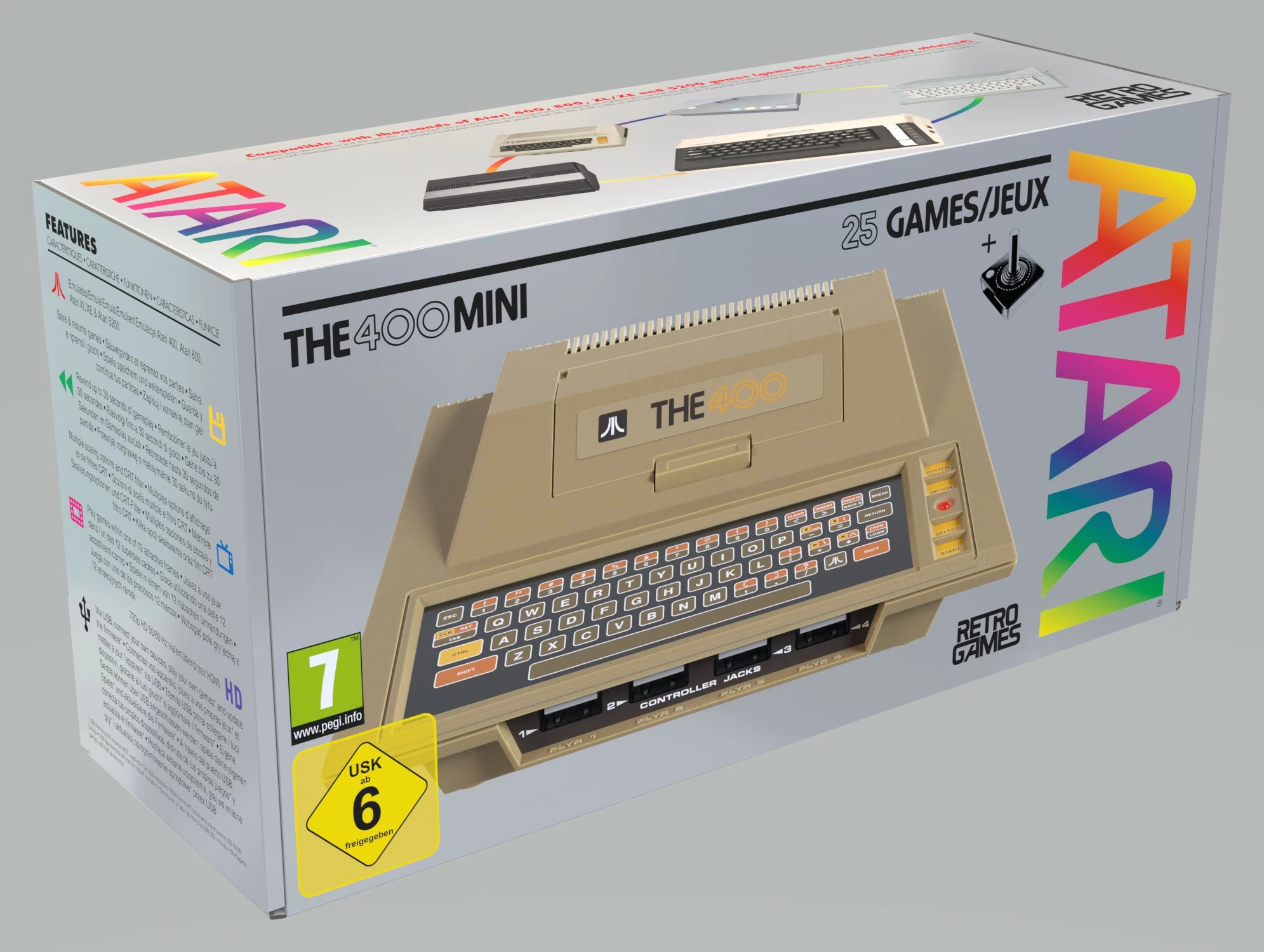 Konzolë retro Atari THE400 Mini, 25 lojëra, HDMI, 5x USB, set me joystick, bezhë