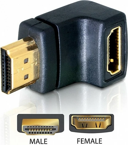 Adapter HDMI DeLOCK HDMI 1.3, mashkull në femër, këndor 90°, i zi