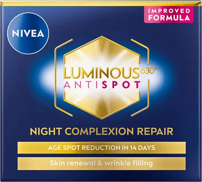 Krem nate për fytyrë Nivea Luminous630 Night Regenerating kundër njollave për femra, 50ml