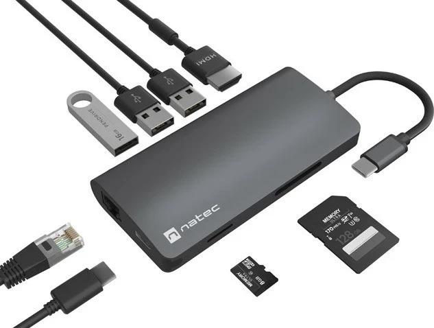 Hub Natec Fowler 2 V2, USB-C, HDMI, RJ-45, SD, microSD, i zi