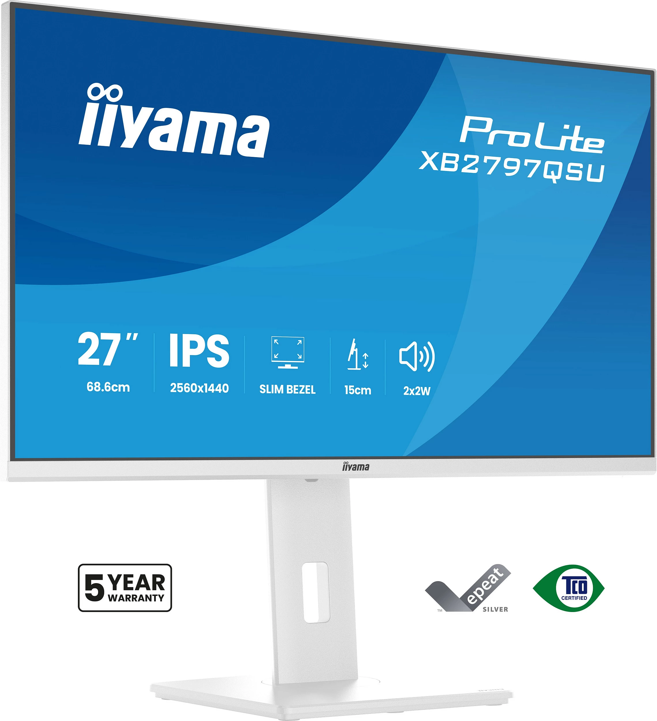 Monitor iiyama ProLite XB2797QSU-W1, 27", IPS, QHD 2560x1440, Slim Bezel, i bardhë