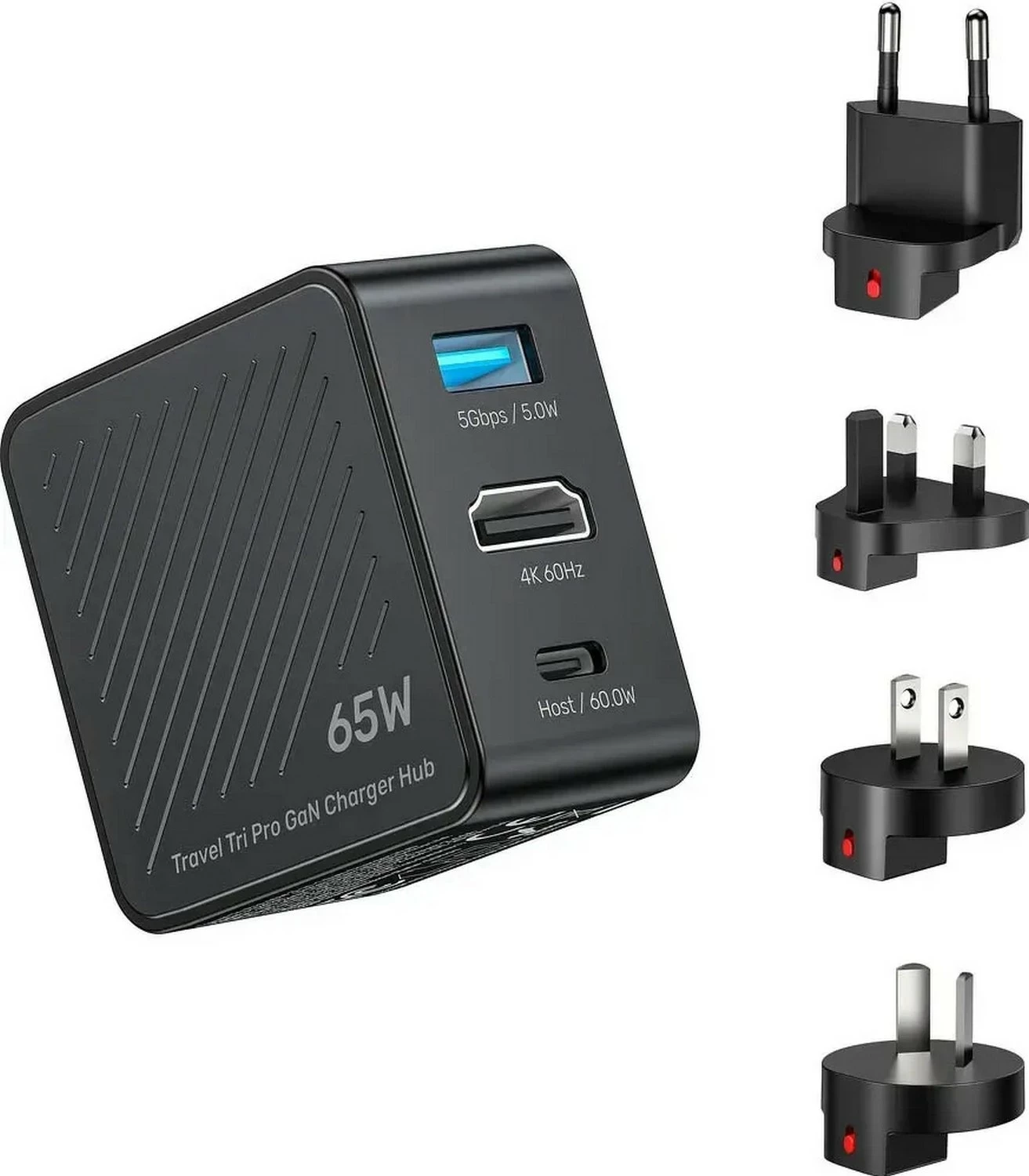 Karikues udhëtimi Unitek Travel Tri Pro GaN, 65W PD, HDMI 4K@60Hz, USB-C/USB-A, i zi