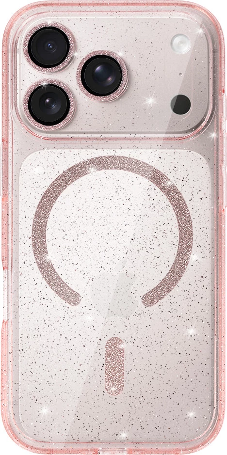 Mbështjellës MagSafe ONASI 23902 për iPhone 17 Pro, silikon me glitter, transparent rozë