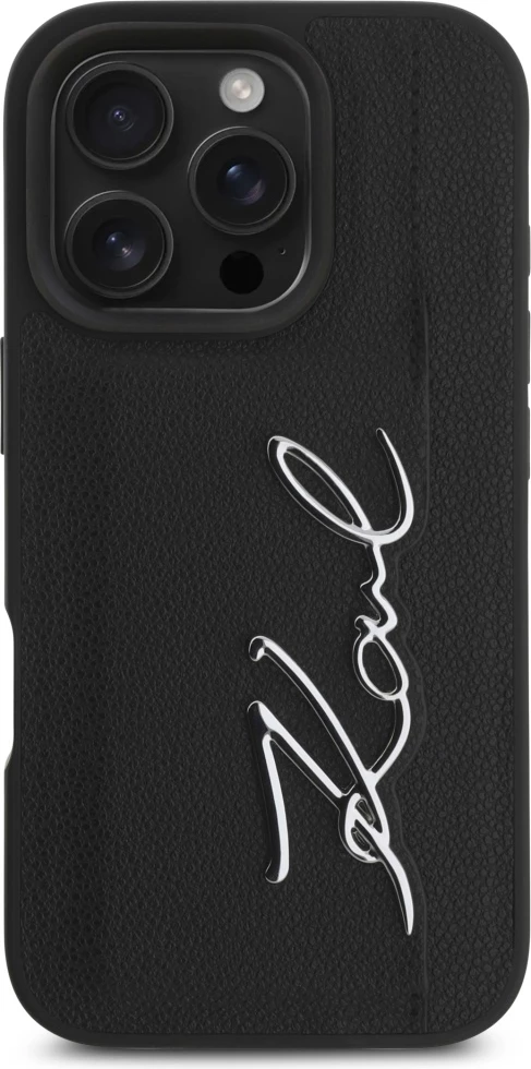 Mbështjellës, Karl Lagerfeld, HC Grained PU Cardslot Metal Signature për iPhone 16 Pro 6.3", xhep kartash, PU i punuar, e zezë