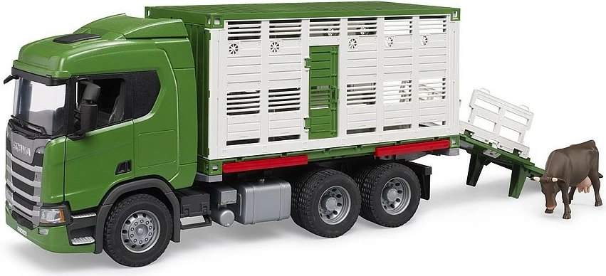 Kamion lodër transport bagëtish, BRUDER Scania Super 560R BR-03548 1:16, me figurë lope, jeshile/bardhë, set