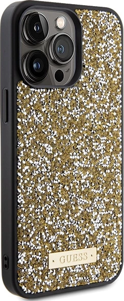 Mbështjellës Guess Rhinestone Metal Logo për iPhone 15 Pro, e verdhë