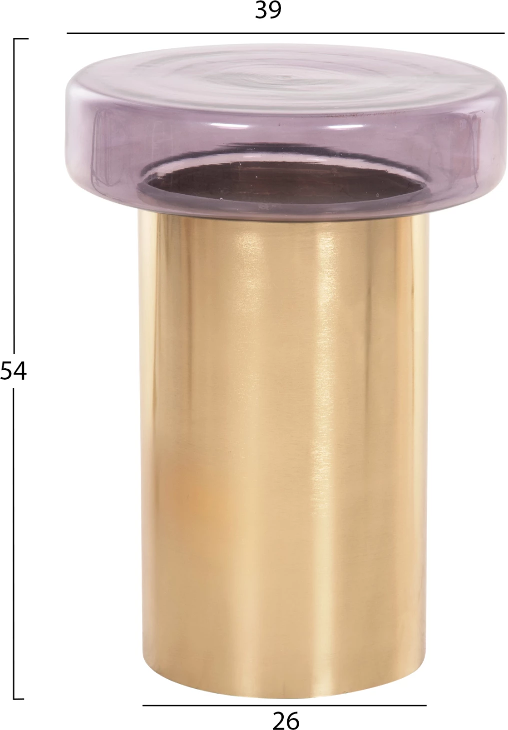 Tavolinë anësore e rrumbullakët, xham ngjyrë vjollcë, bazë metalike e artë, FH9728, Φ39x54H cm