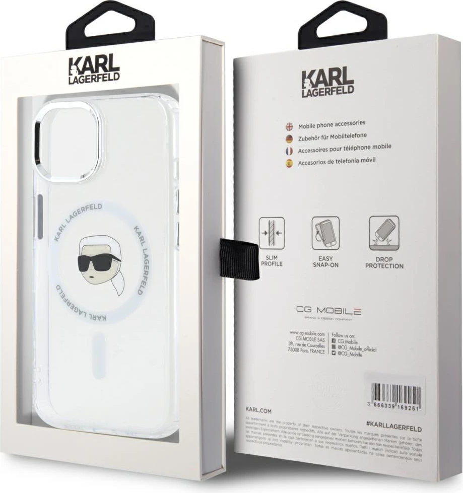 Mbështjellës Karl Lagerfeld IML Metal Karl Head MagSafe për iPhone 15 Plus, Bardhë