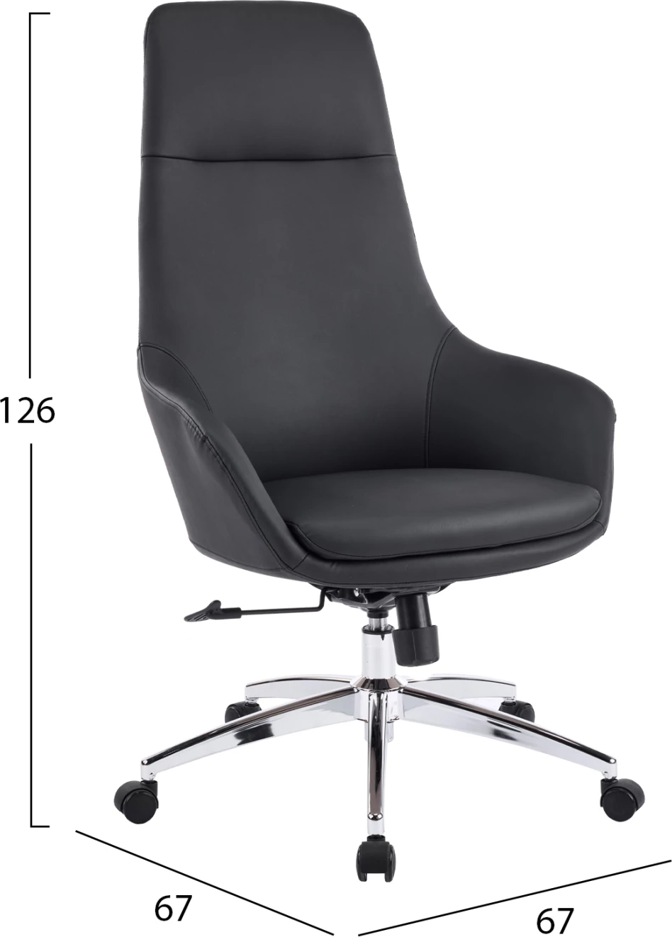 Karrige zyre BEKKER, lëkurë PU e zezë, bazë kromi, 67x67x126cm