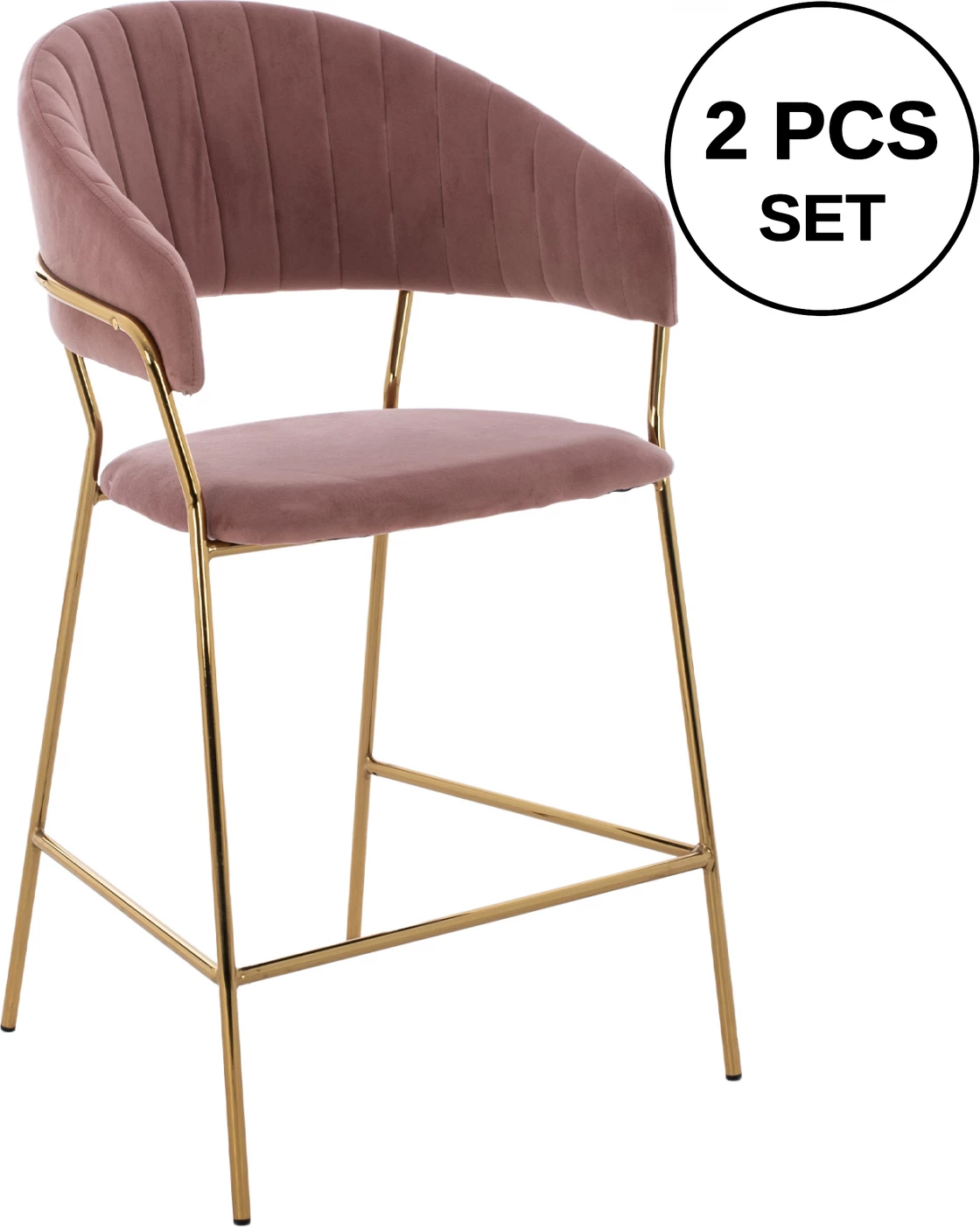 Karrige për bar, mesatare, FH8734.02, kadife ngjyrë rozë e pluhurosur, kornizë e artë, 60x55x100 cm, set prej 2 copë