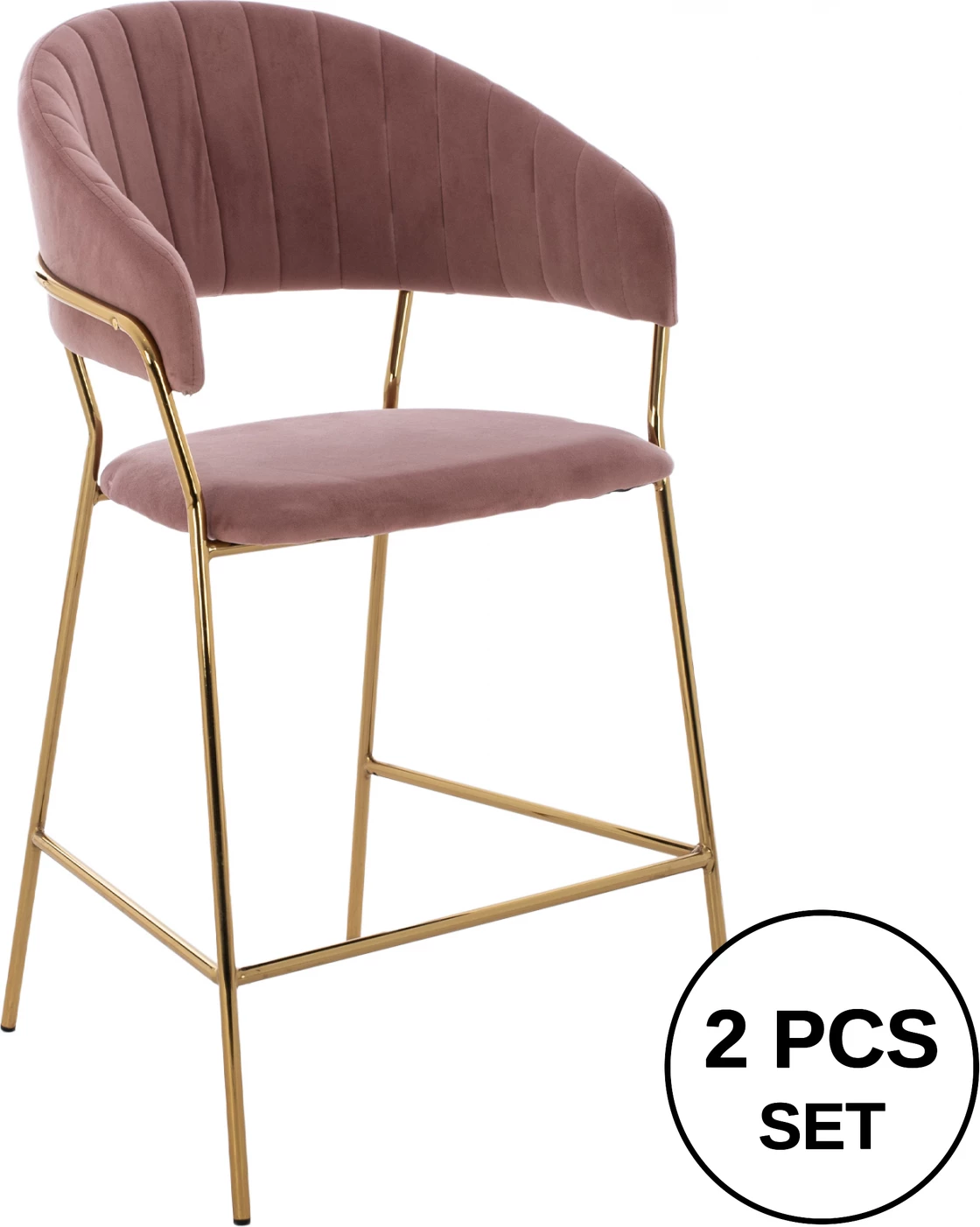 Karrige për bar, mesatare, FH8734.02, kadife ngjyrë rozë e pluhurosur, kornizë e artë, 60x55x100 cm, set prej 2 copë