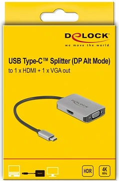 Splitter USB Type-C DeLOCK DP Alt Mode, HDMI + VGA, 4K 60Hz, zi/gri