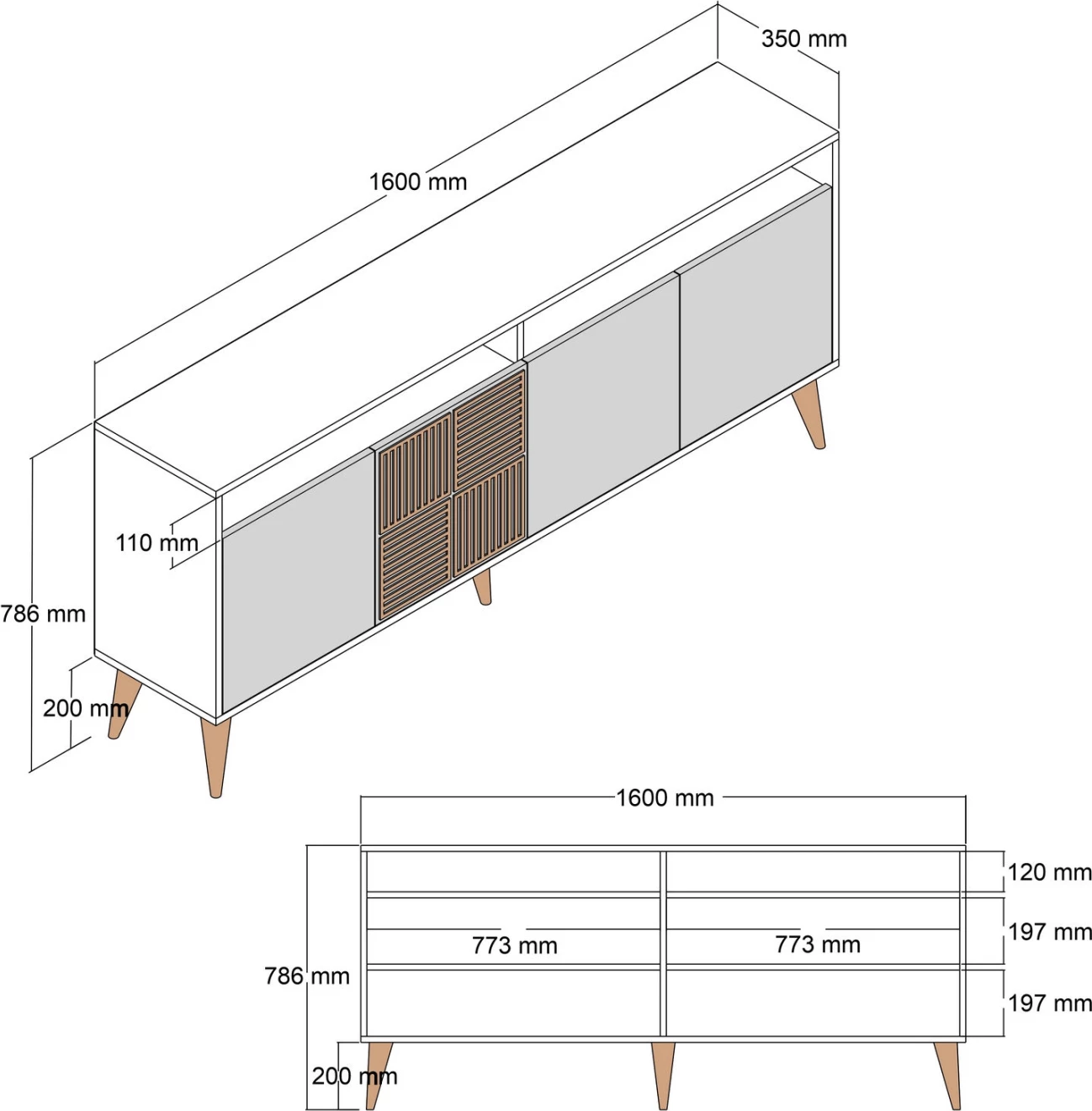 Bufe melamine FH9506.02, ngjyrë arre me dyer pamje mermeri të zi, 160x35x78H cm