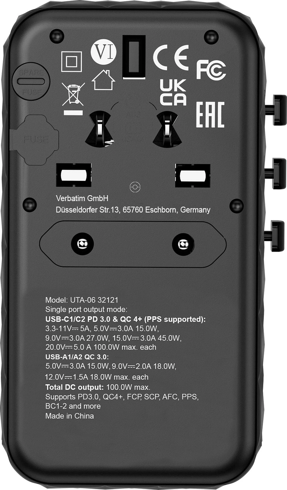 Adapter udhëtimi Verbatim UTA-06 GaN III, 100W, 2x USB-C PD, 2x USB-A QC, i zi