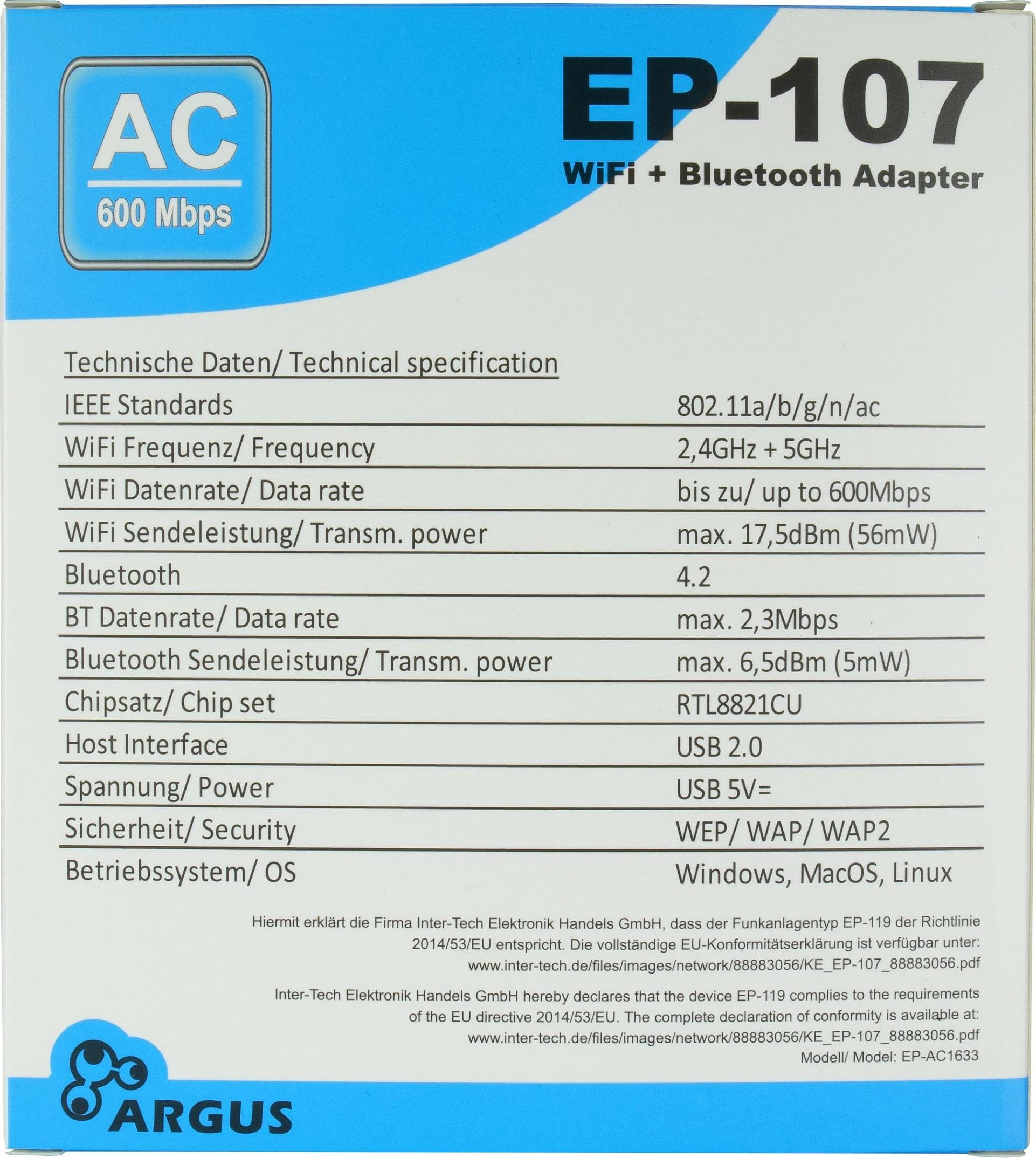 Adapter Wi‑Fi USB Inter-Tech Argus EP-107, Wi‑Fi 5, Bluetooth 4.2, i zi