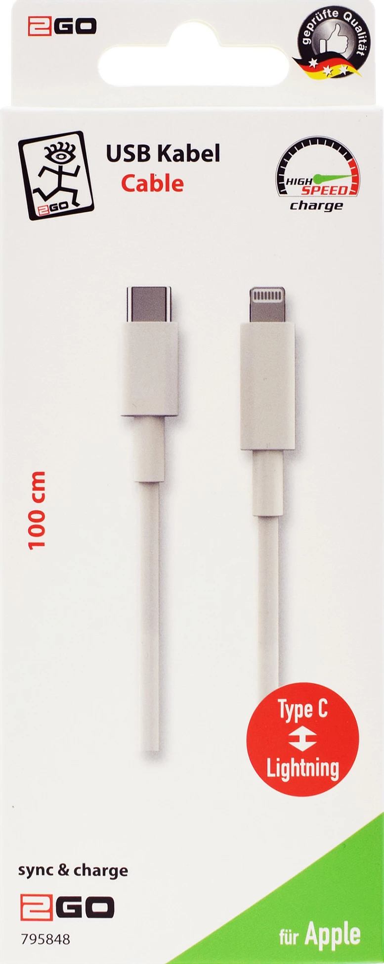 Kabllo 2GO 795848 USB-C në Lightning, 1 m, e bardhë