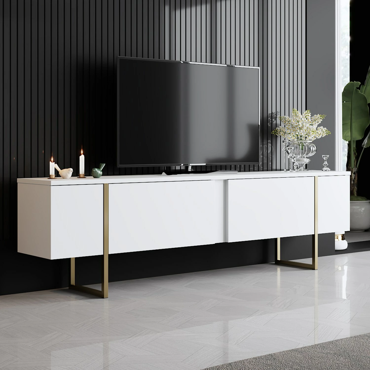 Komodë TV Hanah Home, Luxe, e bardhë, këmbë ari