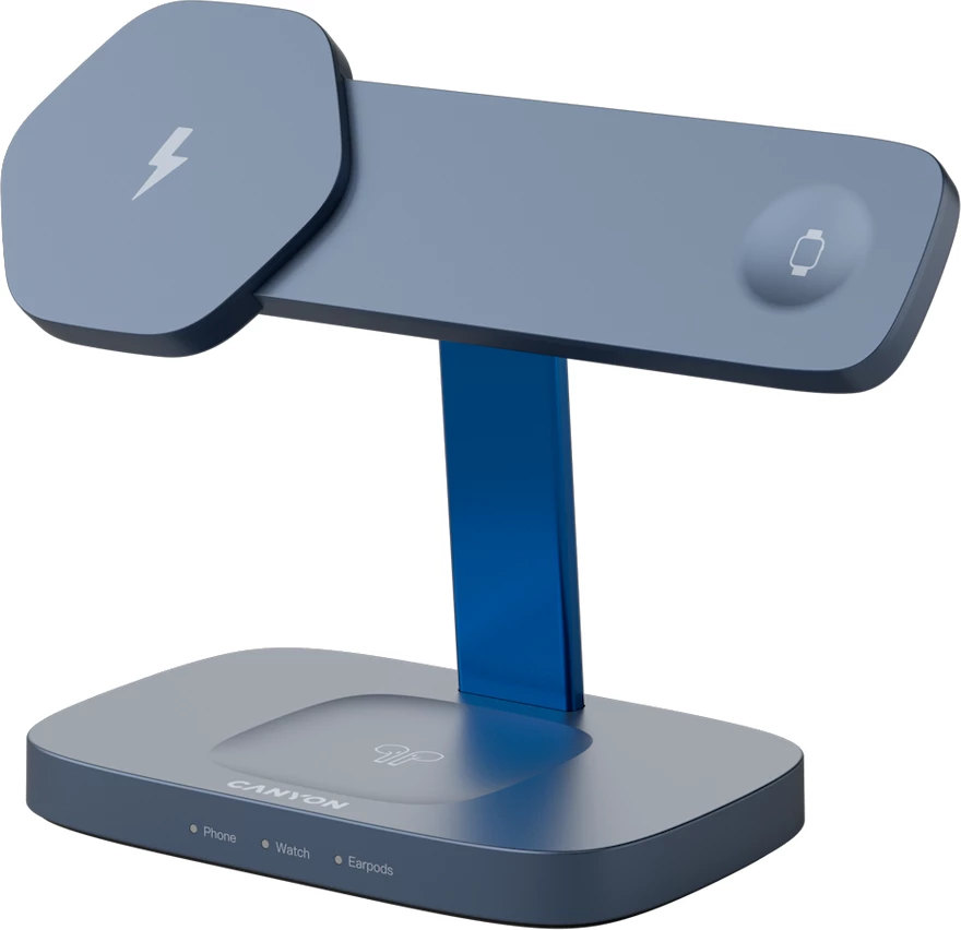 Stacion karikimi pa kabllo CANYON Hexagon WCS-310 3në1 15 W, Dark Grey/Blue, me adapter PD 20W + kabllo USB-C