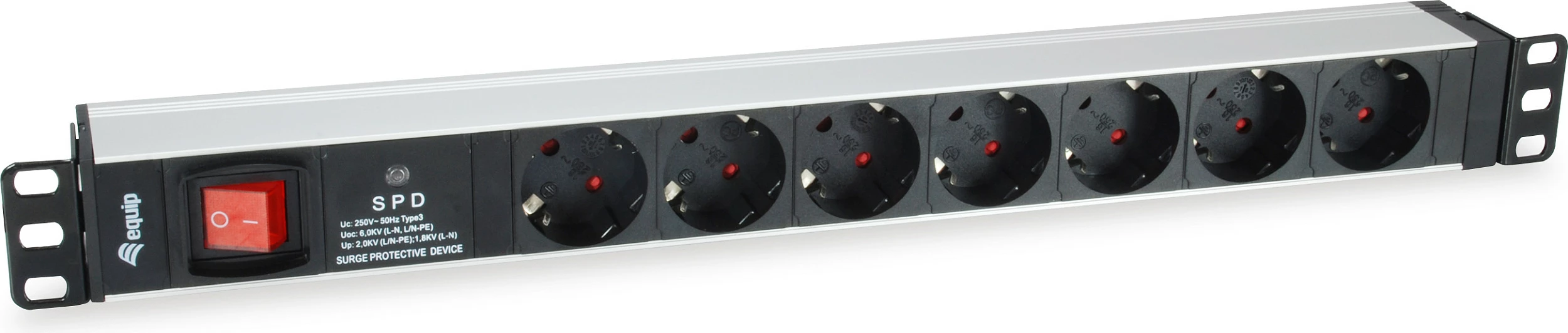 PDU Equip 7 dalje, 1U, alumini, me mbrojtje nga mbingarkesa, 1.8m, zi/argjendtë