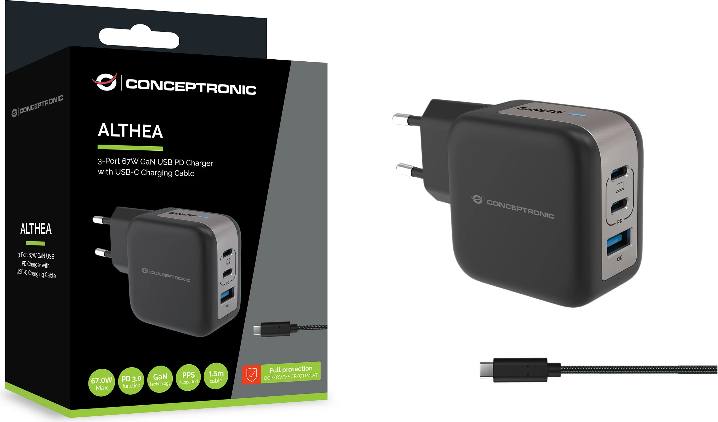 Karikues USB-C Conceptronic 67W GaN, 3 porta (2x USB-C PD, 1x USB-A QC), kabllo USB-C 1.5m, i zi