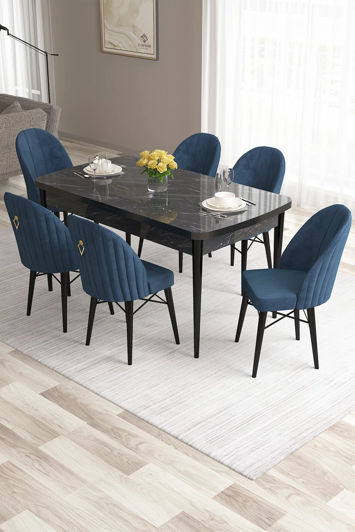 Set tavolinë me karrige për ngrënie, zgjatës, Skye Decor, rozë - mermer i zi, blu e errët (7 copë)