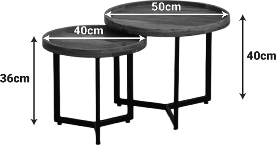 Set tavolinash kafeje Kelly, 2 copë, dru mango natyral, këmbë metalike të zeza